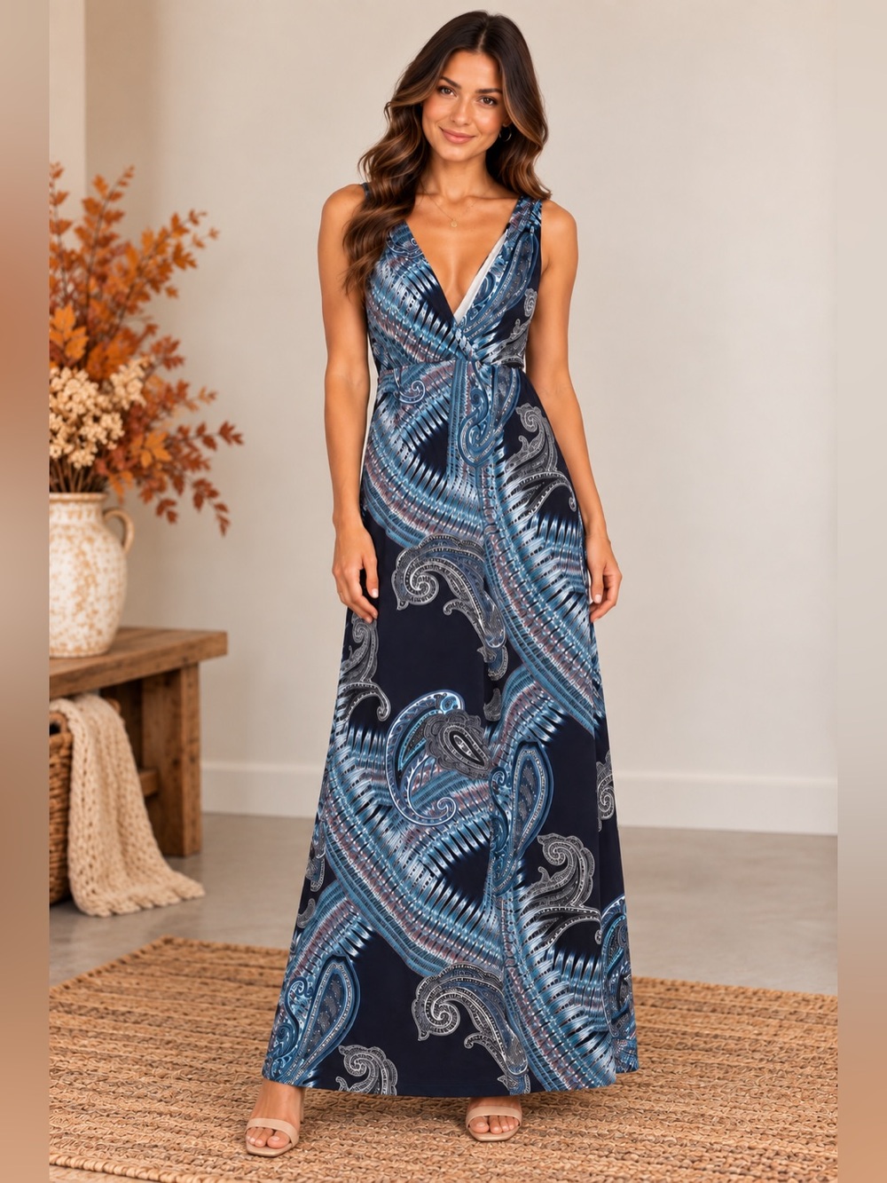 Renee C Navy Blue Paisley V Neck Maxi Dress Boho Resort Size Small